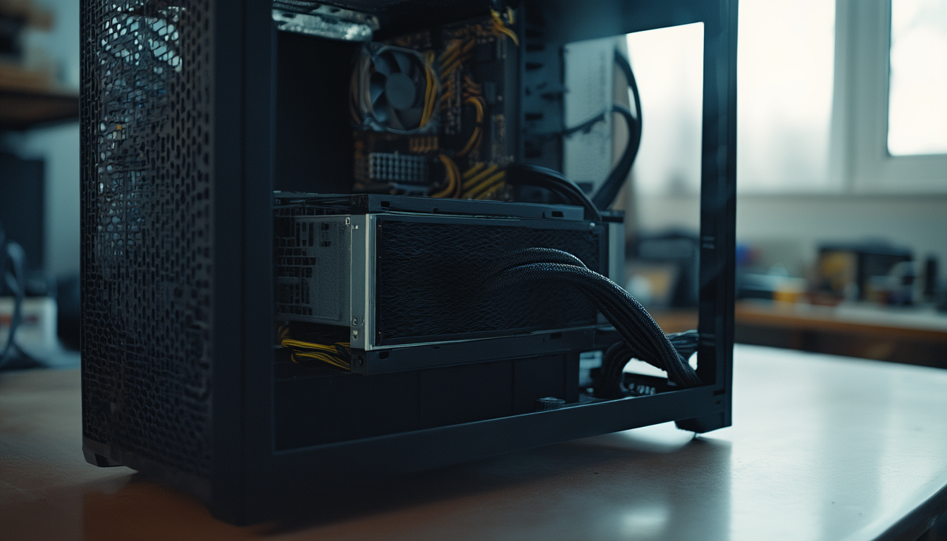 Wie viel Watt braucht mein PC? Netzteil berechnen in 3 Schritten 6 Modulares ATX-Netzteil im geöffneten PC-Gehäuse, die schwarzen Stromkabel sind sauber zu Mainboard und Grafikkarte verlegt