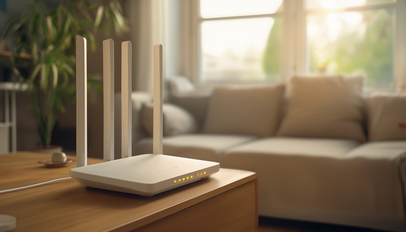 Moderner Tri-Band-WLAN-Router mit aufgestellten Antennen und leuchtenden Status-LEDs auf einer Sideboard-Ablage im Wohnzimmer