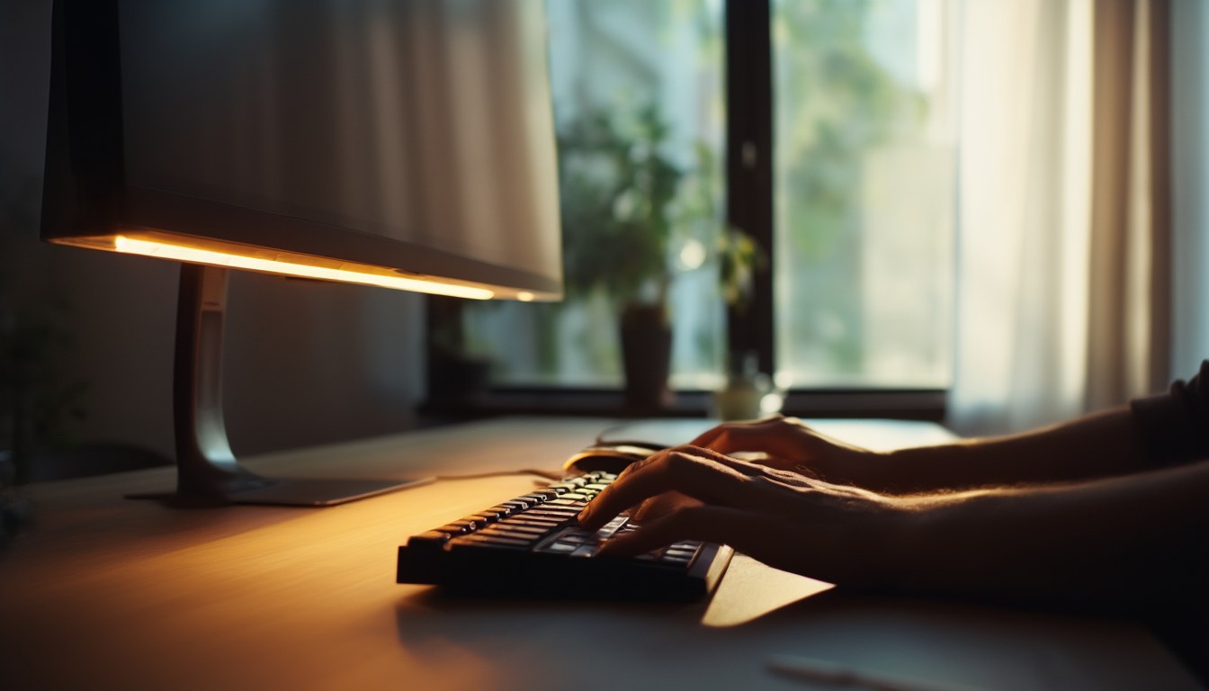 Hände tippen an einem modernen Schreibtisch auf einer beleuchteten Tastatur vor einem Monitor