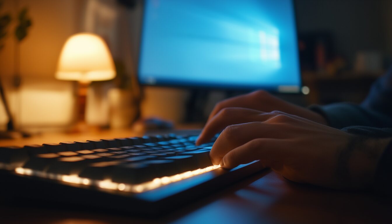 Windows Ausführen-Befehle (Win+R): 57 Kürzel sortiert 1 Hände auf einer beleuchteten Tastatur drücken eine Tastenkombination, im Hintergrund ein unscharfer Monitor