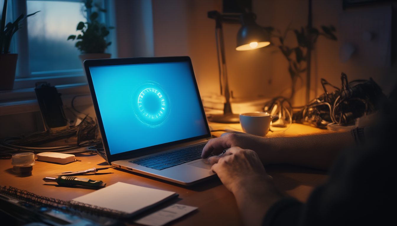 Laptop mit blau leuchtendem Bildschirm auf einem Schreibtisch, daneben Notizblock und Werkzeug – Fehlersuche bei einem fehlgeschlagenen Windows-Update