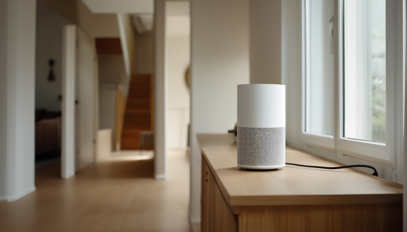 Weißer Mesh-WLAN-Knoten auf einem Sideboard im hellen Flur, im Hintergrund Treppe und Wohnzimmertür