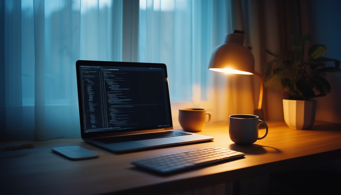 Laptop auf einem Schreibtisch mit dunklem Kommandozeilen-Fenster – Sinnbild für Linux, das unter Windows 11 läuft