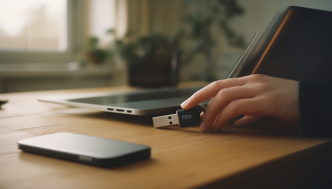 Zwei-Faktor-Authentifizierung bei Google einrichten: Passkey, Authenticator und Backup-Codes 1 Hand steckt einen FIDO2-Sicherheitsschlüssel in den USB-Port eines Laptops, daneben ein Smartphone auf dem Schreibtisch