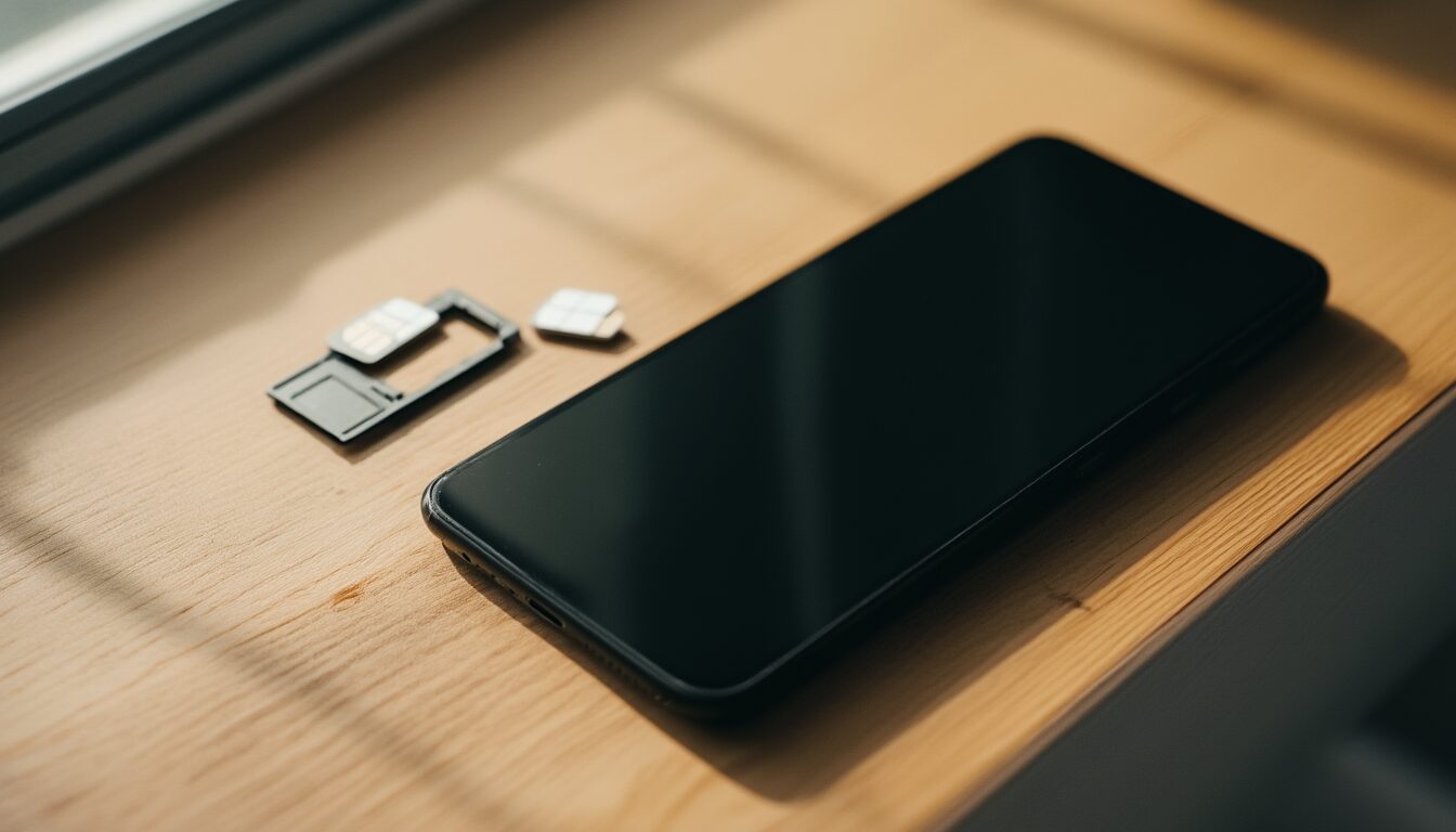 Smartphone mit ausgeworfenem SIM-Fach und zwei SIM-Karten auf einem Schreibtisch
