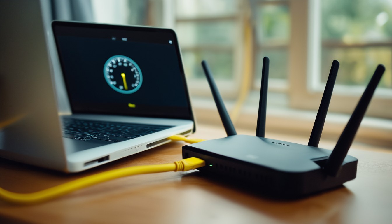 Laptop per gelbem LAN-Kabel mit dem Router verbunden, auf dem Bildschirm läuft ein Speedtest